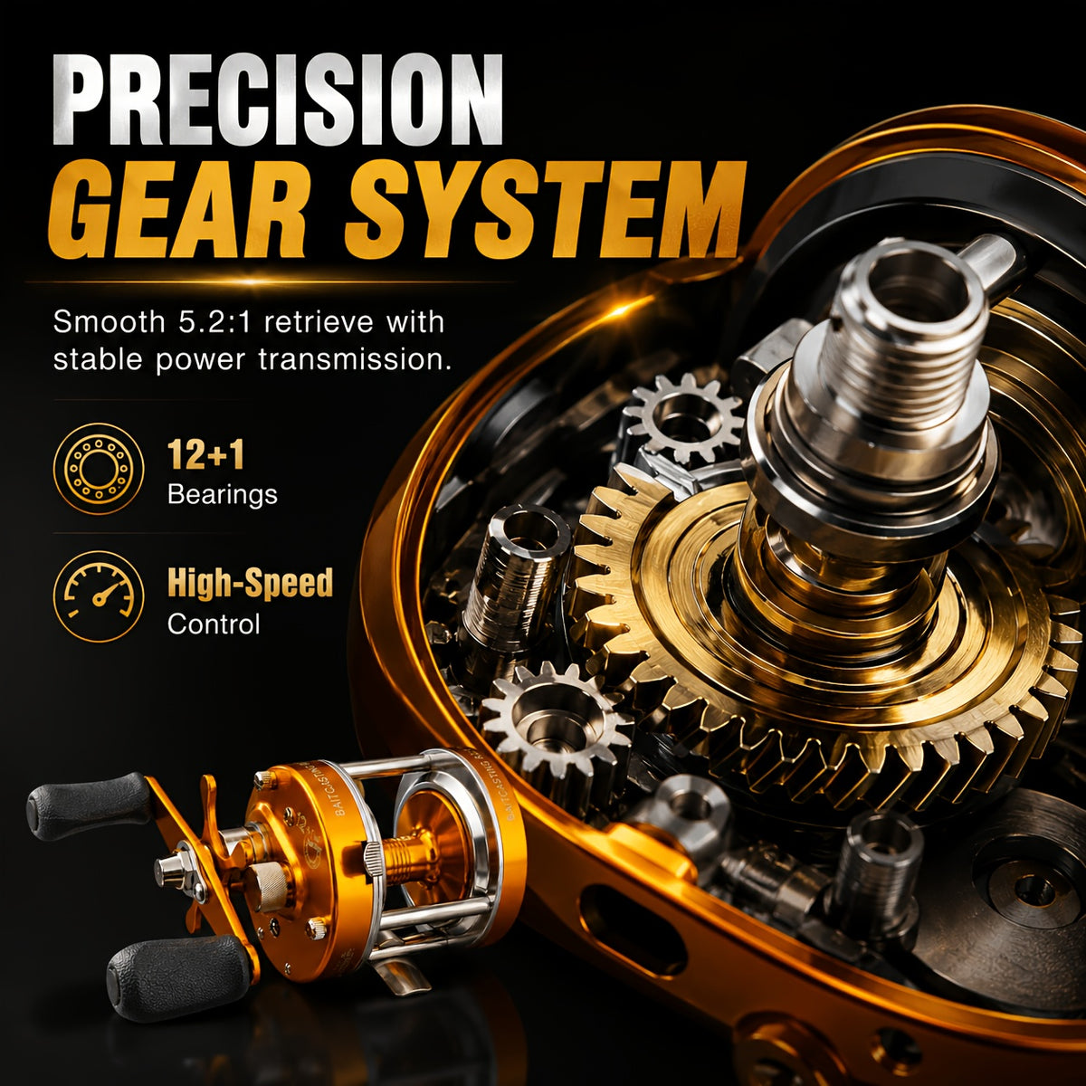 All-Metal Round Baitcasting Reel, Gold - Right Hand, 12+1 Shielded Bearings, 5.2:1 Gear Ratio, 35 lb Max Drag