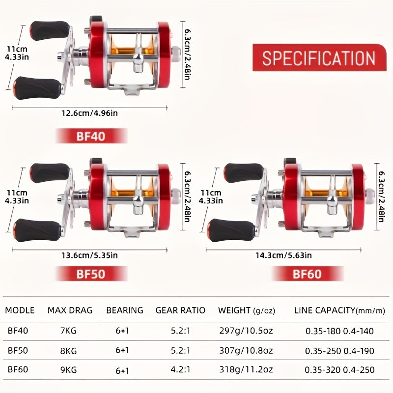 RUNCL BF50 Round Baitcasting Reel, Red - Right Hand, 6+1 Stainless Bearings, 5.2:1 Gear Ratio, Corrosion-Proof Inshore & Freshwater