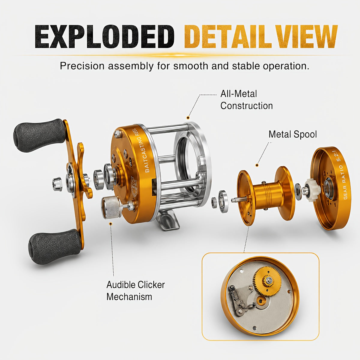 All-Metal Round Baitcasting Reel, Gold - Right Hand, 12+1 Shielded Bearings, 5.2:1 Gear Ratio, 35 lb Max Drag