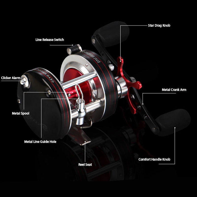 Full Metal Round Drum Reel, Red - Right Hand, 12+1 Ball Bearings, 5.3:1 Gear Ratio, 35 lb Max Drag