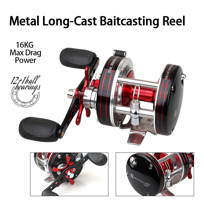 Full Metal Round Drum Reel, Red - Right Hand, 12+1 Ball Bearings, 5.3:1 Gear Ratio, 35 lb Max Drag
