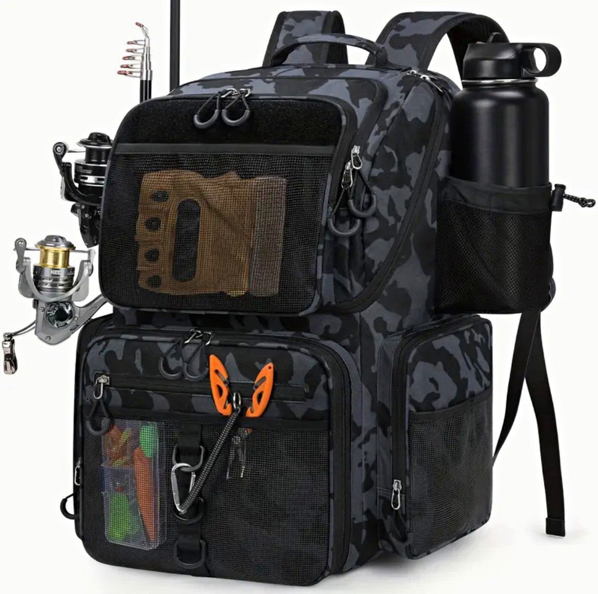 Fishing Tackle Backpack - Holds 4 Size-3600 Tackle Boxes, 900D Water-Resistant, 7 Pockets, Rod Holders, Rain Cover - Black/Gray