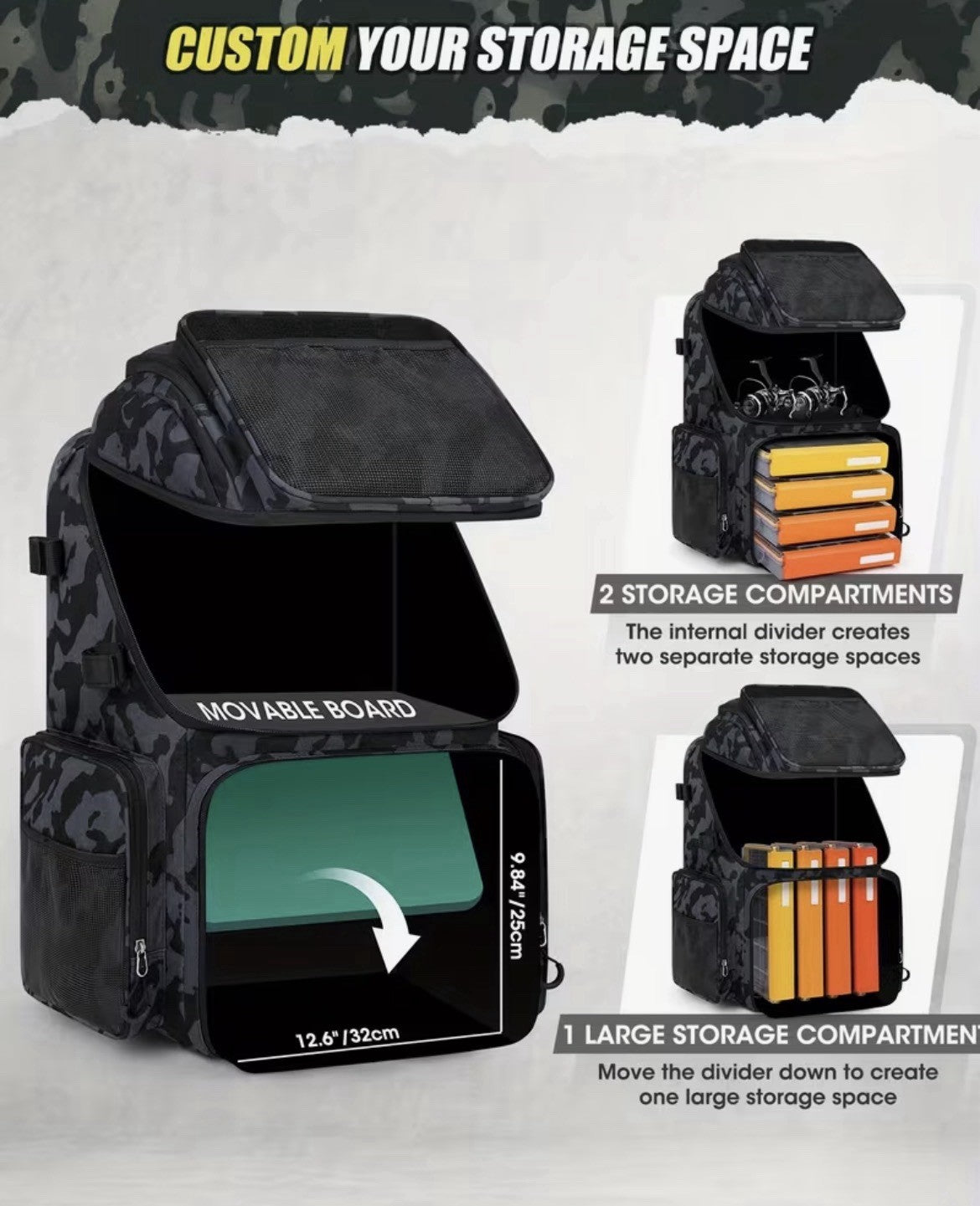 Fishing Tackle Backpack - Holds 4 Size-3600 Tackle Boxes, 900D Water-Resistant, 7 Pockets, Rod Holders, Rain Cover - Black/Gray
