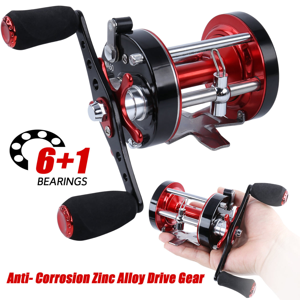 Sougayilang Round Baitcasting Reel, Size 50 - Red & Black, 6+1 Stainless Bearings, Magnetic Brake, Dual Handle, Fresh & Saltwater