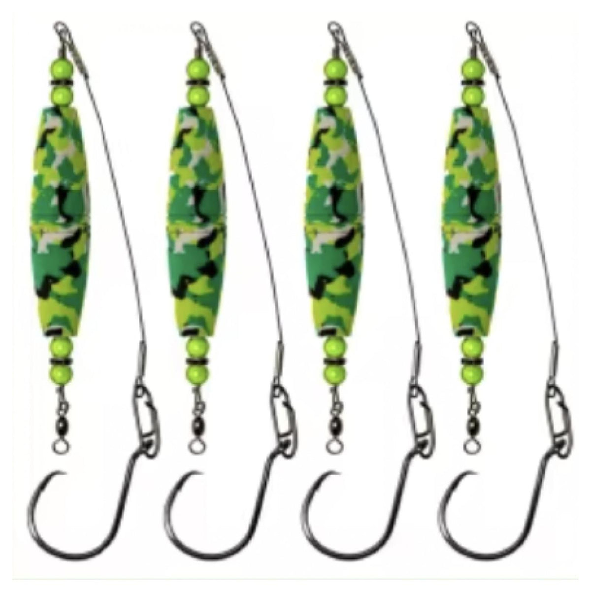 Catfish Float Rigs 4 Pack, Hand Assembled Santee Style Rig with 3 in Camo Float, Steel Wire Leader and 8/0 Carbon Steel Circle Hook, Ready to Fish