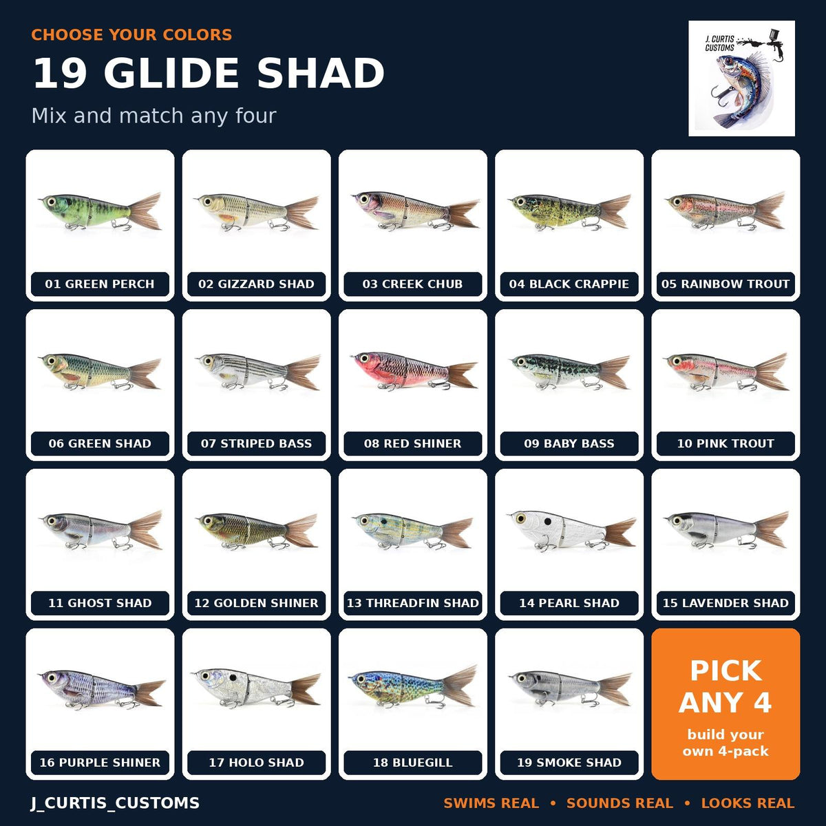 2-Section Glide Shad Jointed Hard Swimbait, Fiber Tail Glide Bait with Steel Rattle, 3D Eyes and Treble Hooks, Bass Pike Musky Fishing Lure, Mix and Match 4-Pack