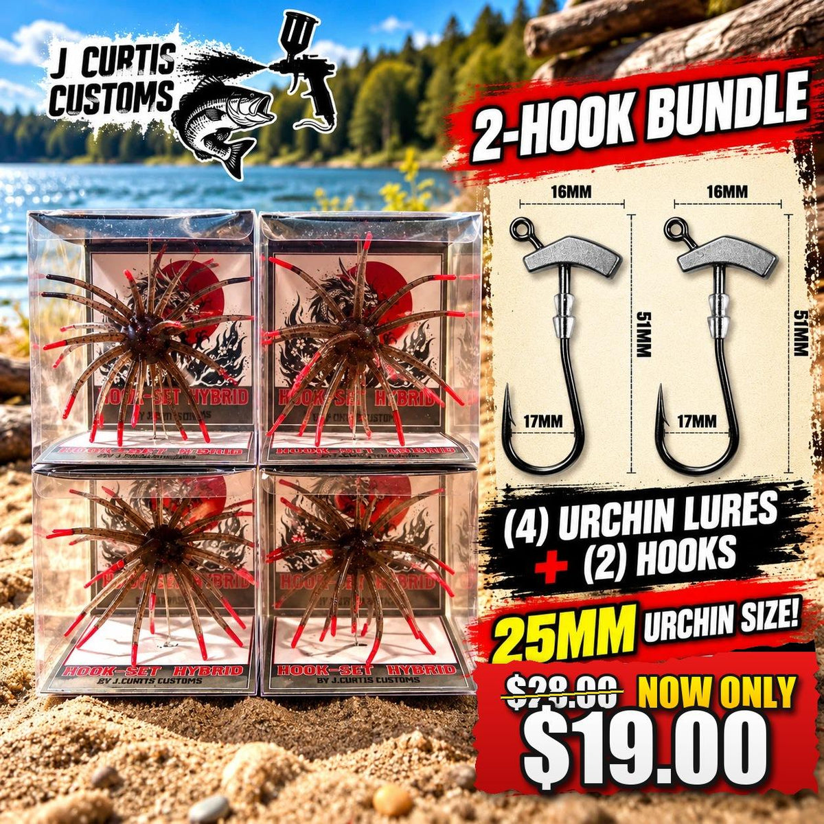 25MM Urchin 4-Pack w/ 2 Urchin Hooks! Hookset Hybrid Retail Boxed Soft Urchin Fishing Lures with Pre-Weighted Hooks