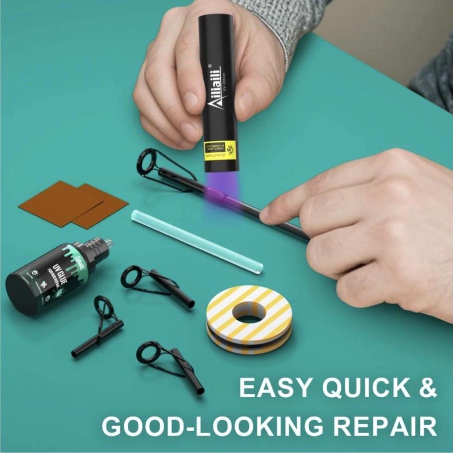 Fishing Rod Tip Repair Kit – 10 Replacement Rod Tips, UV Glue, UV Flashlight, Wrapping Thread & Sandpaper – Complete Fix Kit for Broken Rod Tips