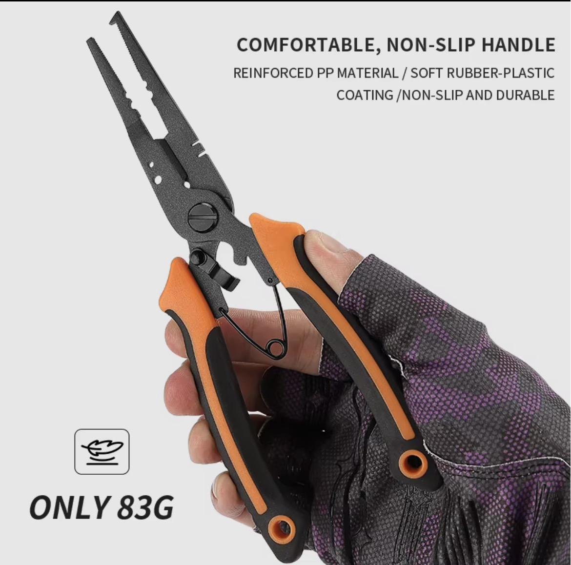 J Curtis Customs Multifunctional Fishing Pliers - Teflon Coated Rust Resistant, Braid Cutter, Split Ring Tip, Hook Remover, Sinker Crimper, Non-Slip Handle, Lightweight 83g