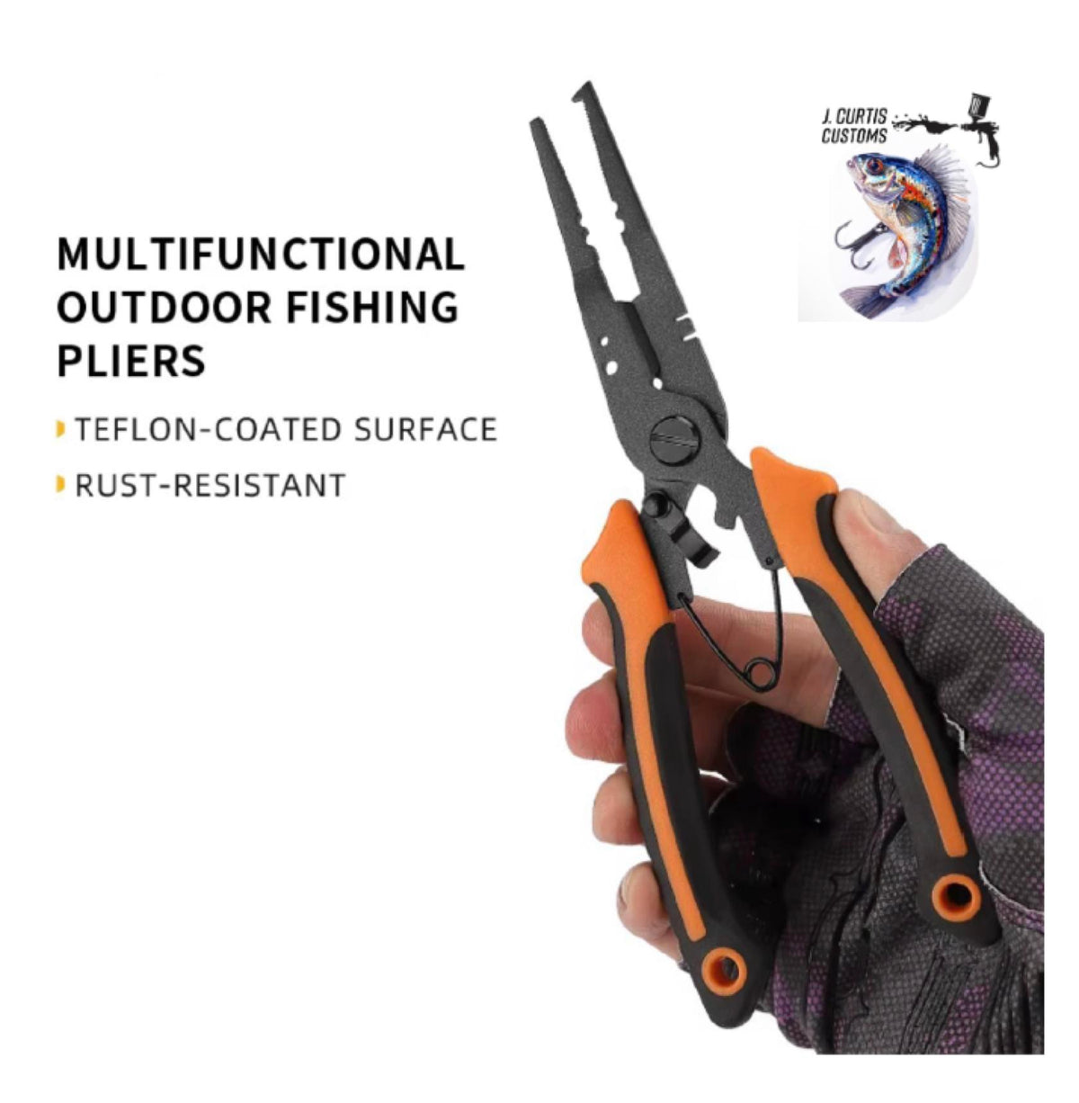 J Curtis Customs Multifunctional Fishing Pliers - Teflon Coated Rust Resistant, Braid Cutter, Split Ring Tip, Hook Remover, Sinker Crimper, Non-Slip Handle, Lightweight 83g