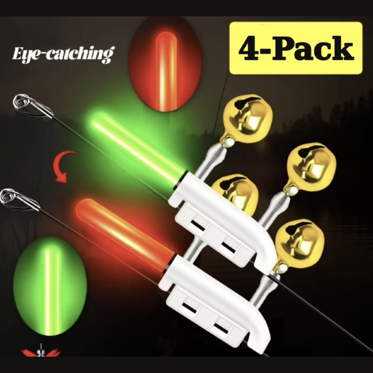 4 Pack LED Fishing Rod Tip Bite Alarm Lights with Twin Bells - Green to Red Color Change Night Fishing Bite Indicator for Catfish, Clip-On (Batteries Not Included)