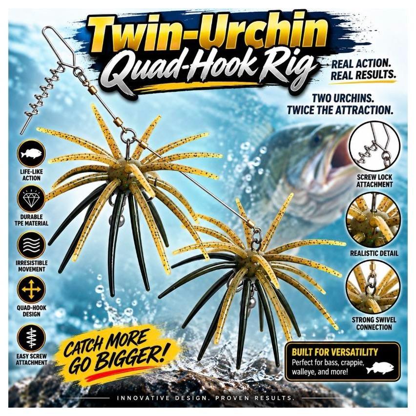 Double Urchin Rig with Adjustable Teardrop Weights - Twin-Urchin Quad-Hook Setup, Screw Lock, Includes 4 TPE Urchins, J_Curtis_Customs