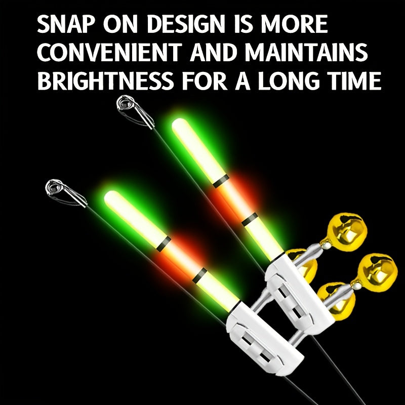 4-Pack LED Rod Tip Bite Indicator Lights with Twin Bells - 3-Section Green/Red Glow Stick, Clip-On Night Fishing Bite Alarm (CR425 Batteries Not Included)