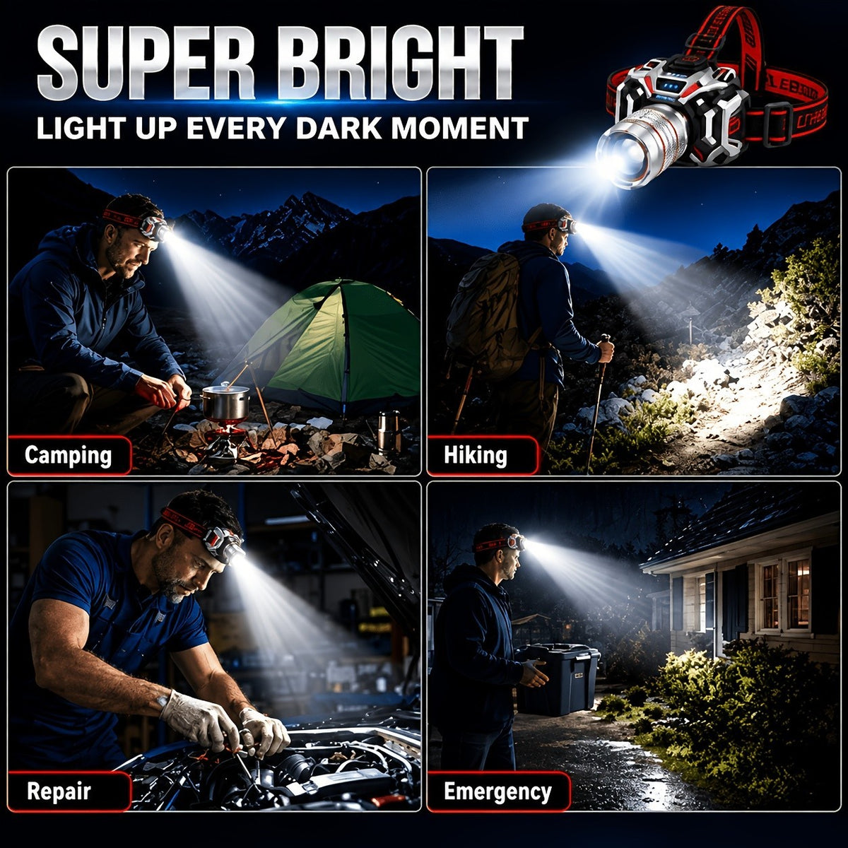 2-Pack LED Headlamps - USB Rechargeable Zoomable 1500 Lumen Head Lamps for Fishing & Camping