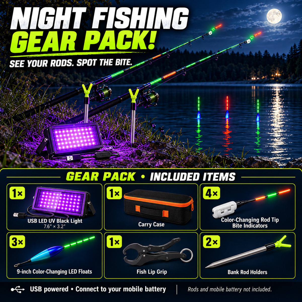Night Fishing Gear Pack - UV Black Light, LED Floats, Rod Tip Bite Indicators, Rod Holders, Lip Grip & Carry Case