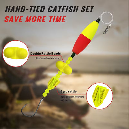 Catfish Float Rigs 4-Pack - Pre-Rigged with Rattles, 3 in Float, 7/0 Circle Hook & 40 lb Mono - Choose Your Color