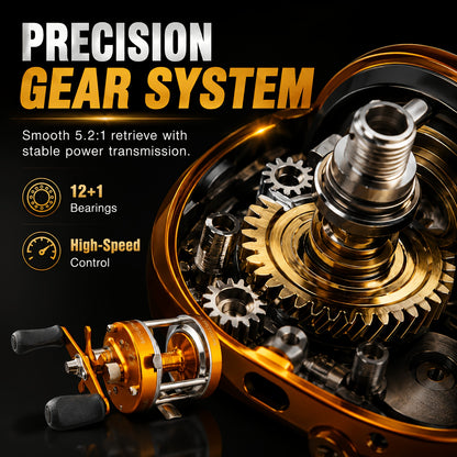 All-Metal Round Baitcasting Reel, Gold - Right Hand, 12+1 Shielded Bearings, 5.2:1 Gear Ratio, 35 lb Max Drag