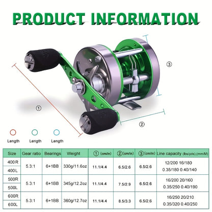 Sougayilang Full Metal Round Baitcasting Reel, Size 600 - Right Hand, Dual Handle, 6+1BB, 55 lb Max Drag, Slow Jigging & Saltwater