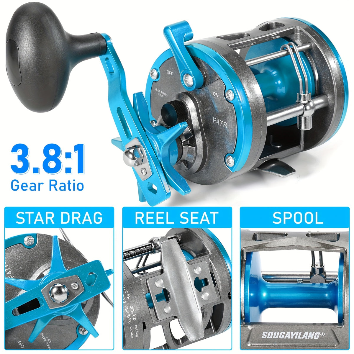 Sougayilang F47 Trolling Reel - Level Wind Conventional Drum Reel, 3.8:1 Gear Ratio, Right Hand, Blue or Green, Saltwater & Catfish