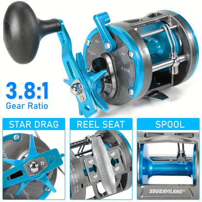 Sougayilang F47 Trolling Reel - Level Wind Conventional Drum Reel, 3.8:1 Gear Ratio, Right Hand, Blue or Green, Saltwater & Catfish