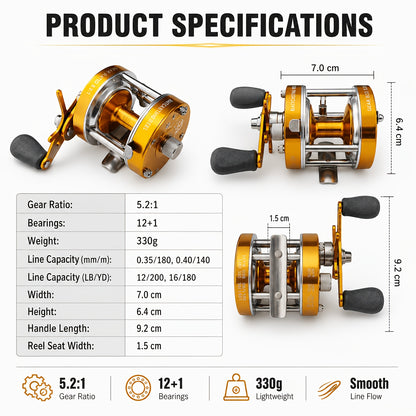 All-Metal Round Baitcasting Reel, Gold - Right Hand, 12+1 Shielded Bearings, 5.2:1 Gear Ratio, 35 lb Max Drag