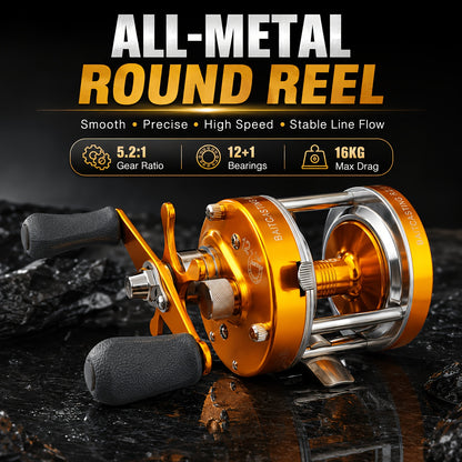All-Metal Round Baitcasting Reel, Gold - Right Hand, 12+1 Shielded Bearings, 5.2:1 Gear Ratio, 35 lb Max Drag
