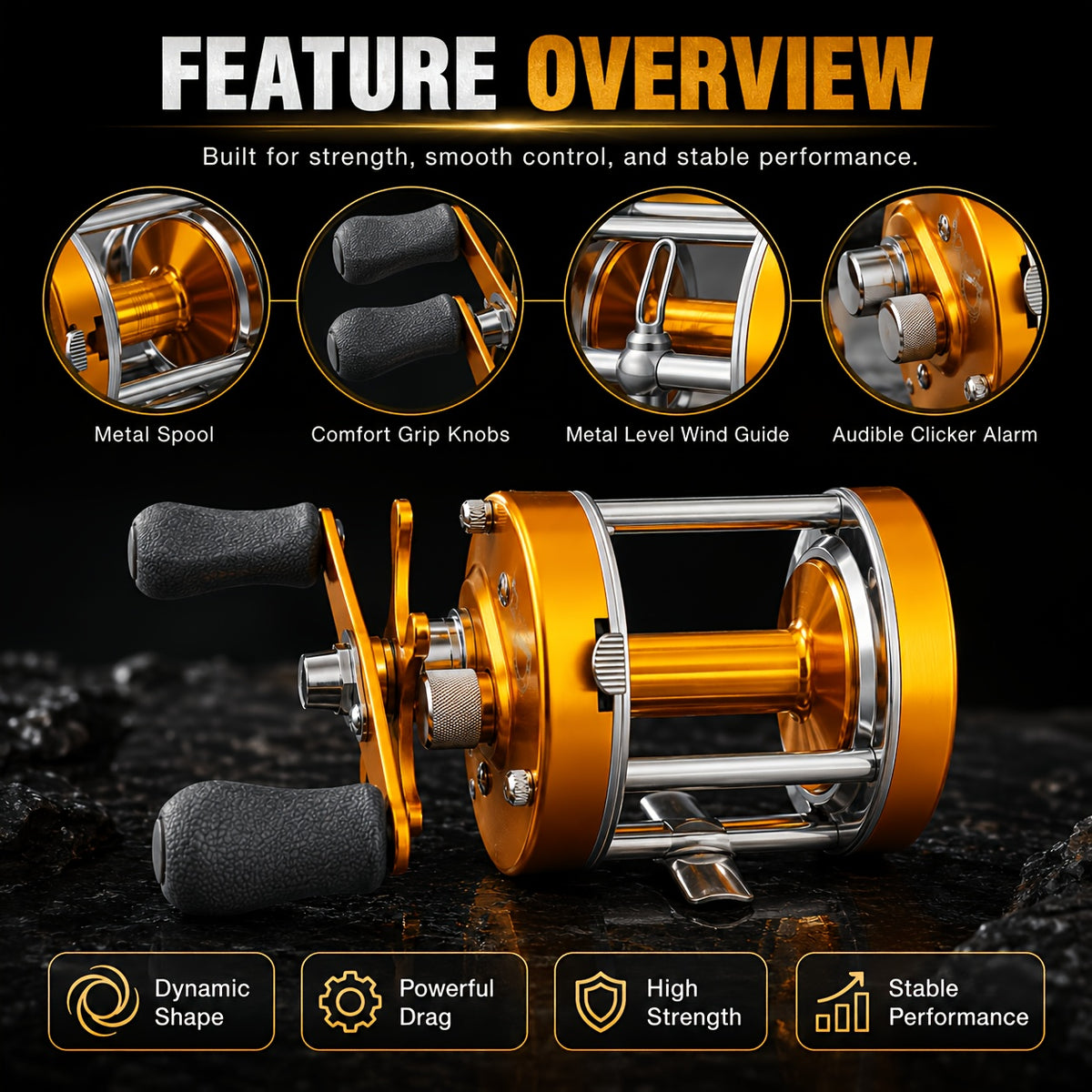 All-Metal Round Baitcasting Reel, Gold - Right Hand, 12+1 Shielded Bearings, 5.2:1 Gear Ratio, 35 lb Max Drag