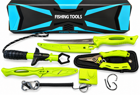 10-Piece Fishing Tool Kit with Gift Box - Fillet Knife, Bait Knife, Fishing Pliers with Belt Sheath, Fish Lip Gripper, Knife Sharpener & Coil Lanyard, Saltwater & Freshwater