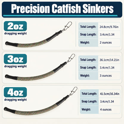 Drift Fishing Non-Snag Weights 4-Pack - 2 oz, 3 oz or 4 oz Braided Sleeve Snagless Sinkers with Snap Swivels for Catfish Drifting