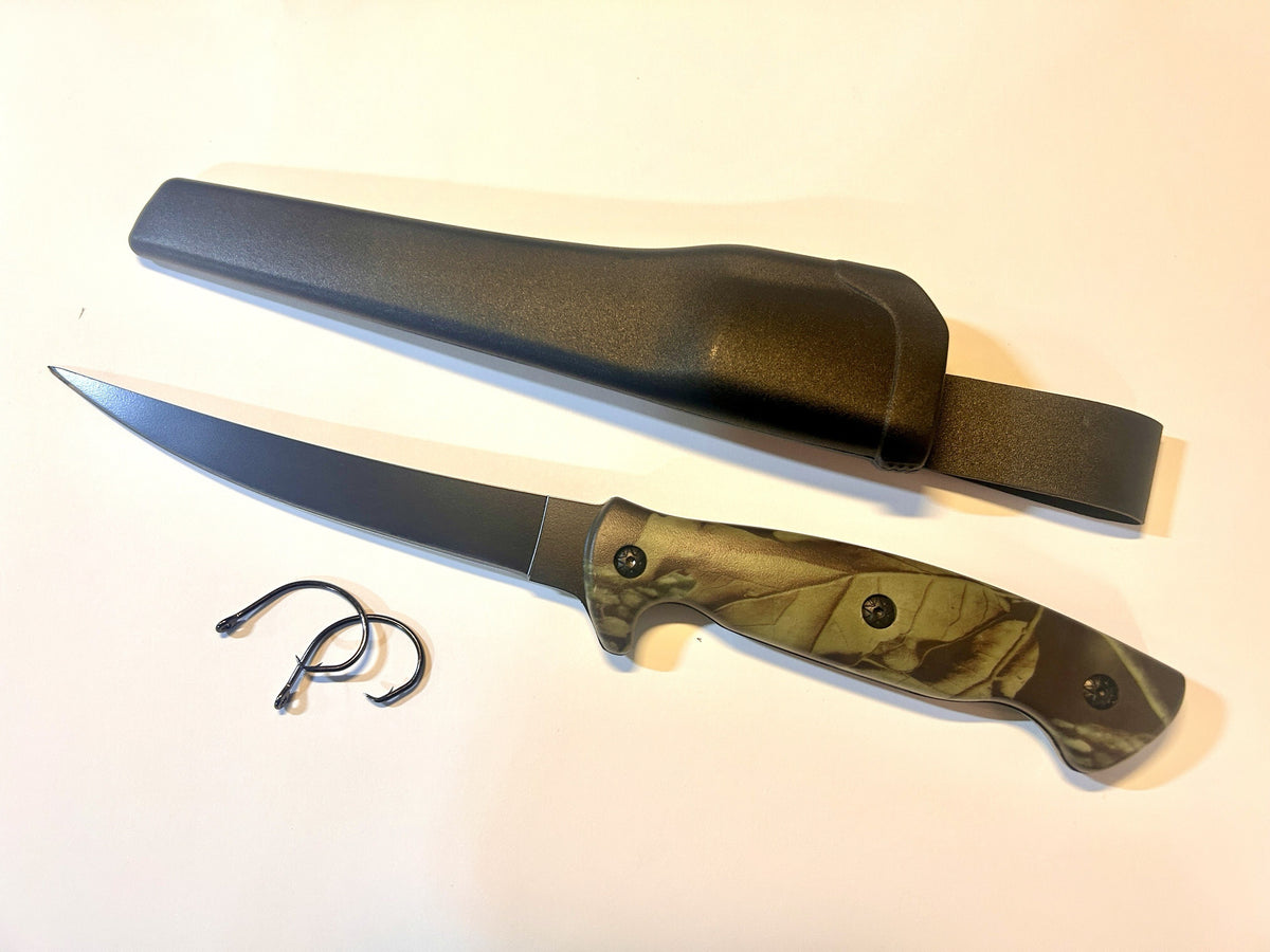 J Curtis Customs 6" Fillet Fishing Knife with Sheath - Camo Handle, 3Cr13 Stainless Non-Stick Curved Blade, Belt Loop Carry