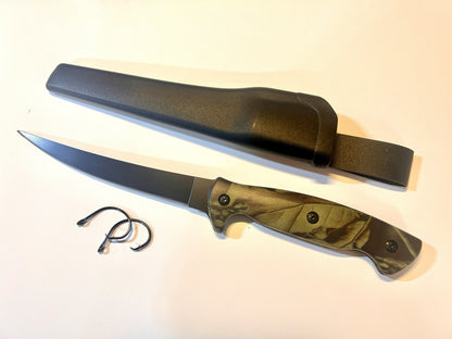 J Curtis Customs 6" Fillet Fishing Knife with Sheath - Camo Handle, 3Cr13 Stainless Non-Stick Curved Blade, Belt Loop Carry