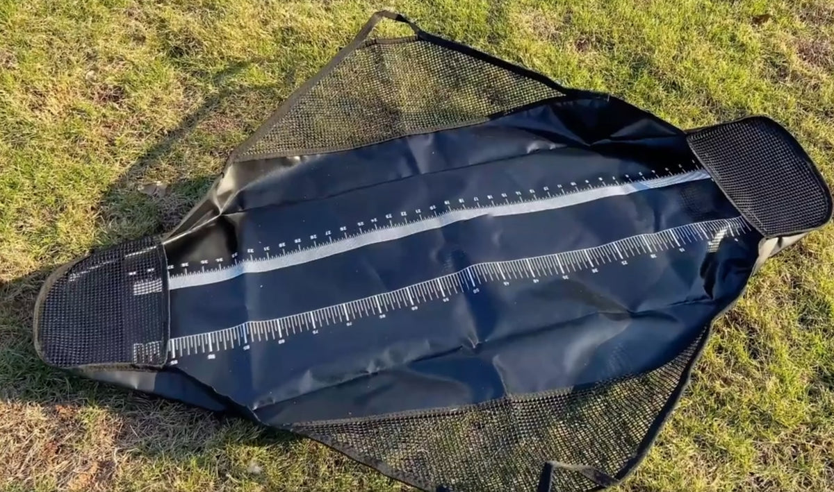 Fish Weigh Sling with Measuring Ruler, Black Mesh & Vinyl Fish Weighing Bag with Handles for Catfish, Carp, Striper
