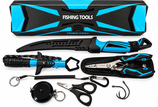 7-Piece Fishing Tool Kit with Gift Box - Fillet Knife, Fishing Pliers, Fish Lip Gripper, Braid Scissors, Coil Lanyard & Retractor, Saltwater & Freshwater