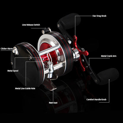 Full Metal Round Drum Reel, Red - Right Hand, 12+1 Ball Bearings, 5.3:1 Gear Ratio, 35 lb Max Drag