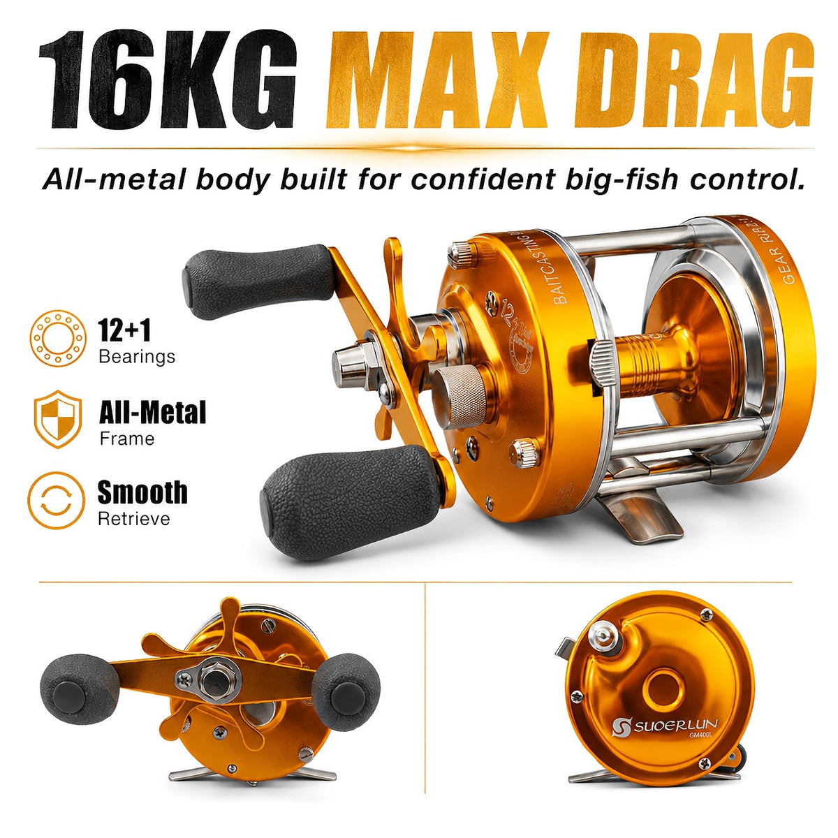 All-Metal Round Baitcasting Reel, Gold - Right Hand, 12+1 Shielded Bearings, 5.2:1 Gear Ratio, 35 lb Max Drag