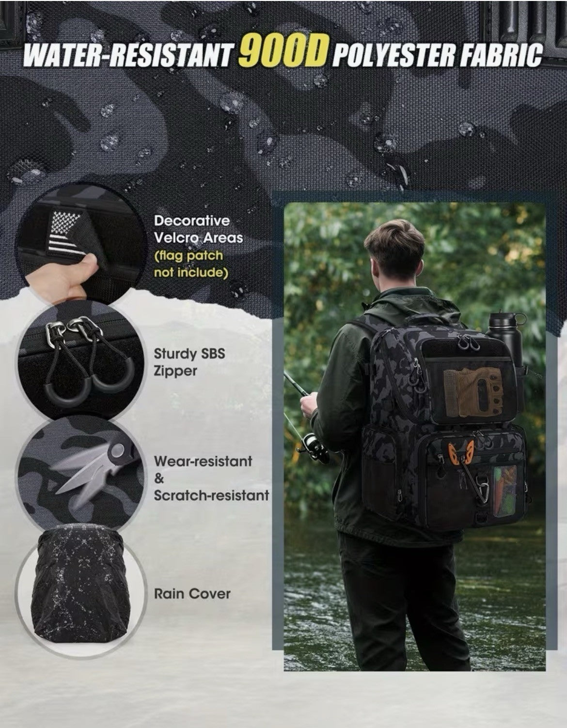 Fishing Tackle Backpack - Holds 4 Size-3600 Tackle Boxes, 900D Water-Resistant, 7 Pockets, Rod Holders, Rain Cover - Black/Gray