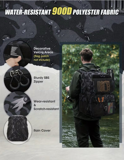 Fishing Tackle Backpack - Holds 4 Size-3600 Tackle Boxes, 900D Water-Resistant, 7 Pockets, Rod Holders, Rain Cover - Black/Gray