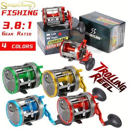 Sougayilang F47 Trolling Reel - Level Wind Conventional Drum Reel, 3.8:1 Gear Ratio, Right Hand, Blue or Green, Saltwater & Catfish