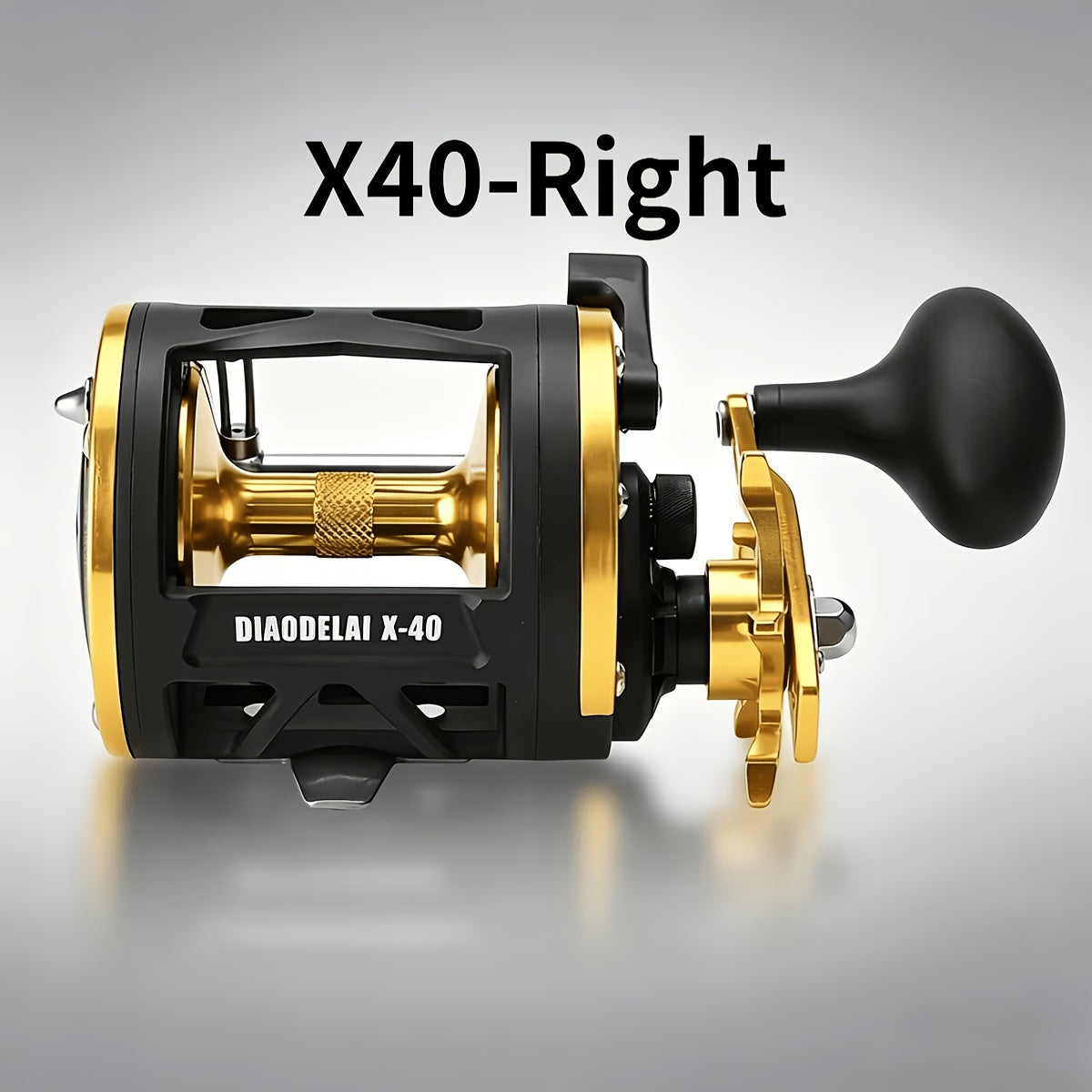 Diaodelai X-40 Deep Sea Trolling Reel - Right Hand, Full Metal Drum Reel, Extended Power Handle, Black & Gold, Saltwater Big Game