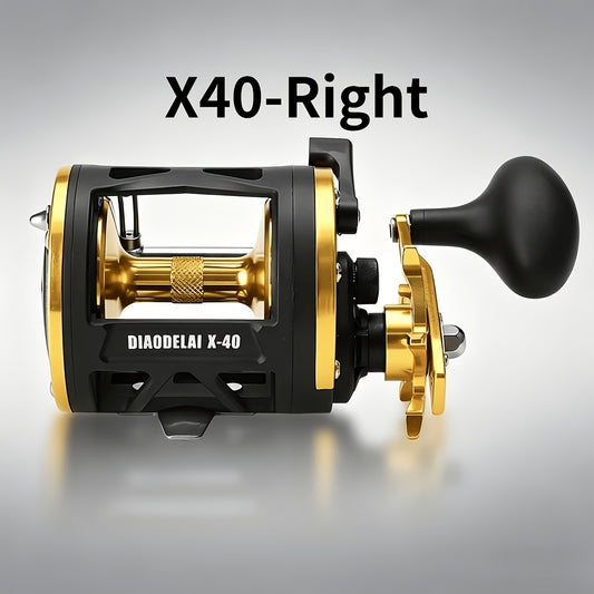 Diaodelai X-40 Deep Sea Trolling Reel - Right Hand, Full Metal Drum Reel, Extended Power Handle, Black & Gold, Saltwater Big Game