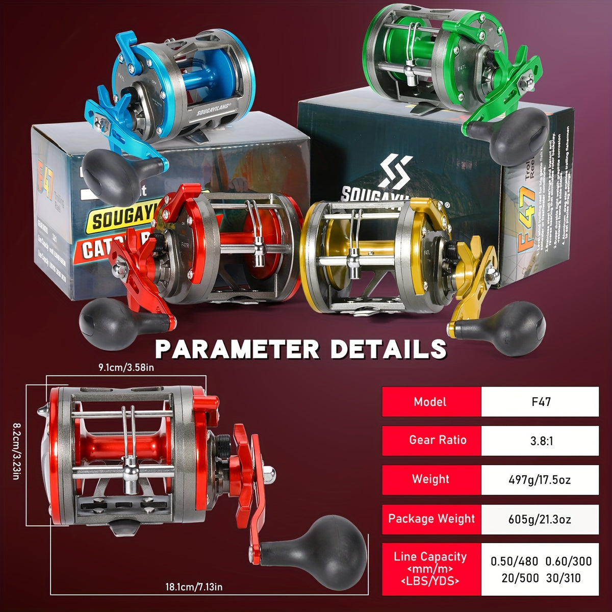 Sougayilang F47 Trolling Reel - Level Wind Conventional Drum Reel, 3.8:1 Gear Ratio, Right Hand, Blue or Green, Saltwater & Catfish