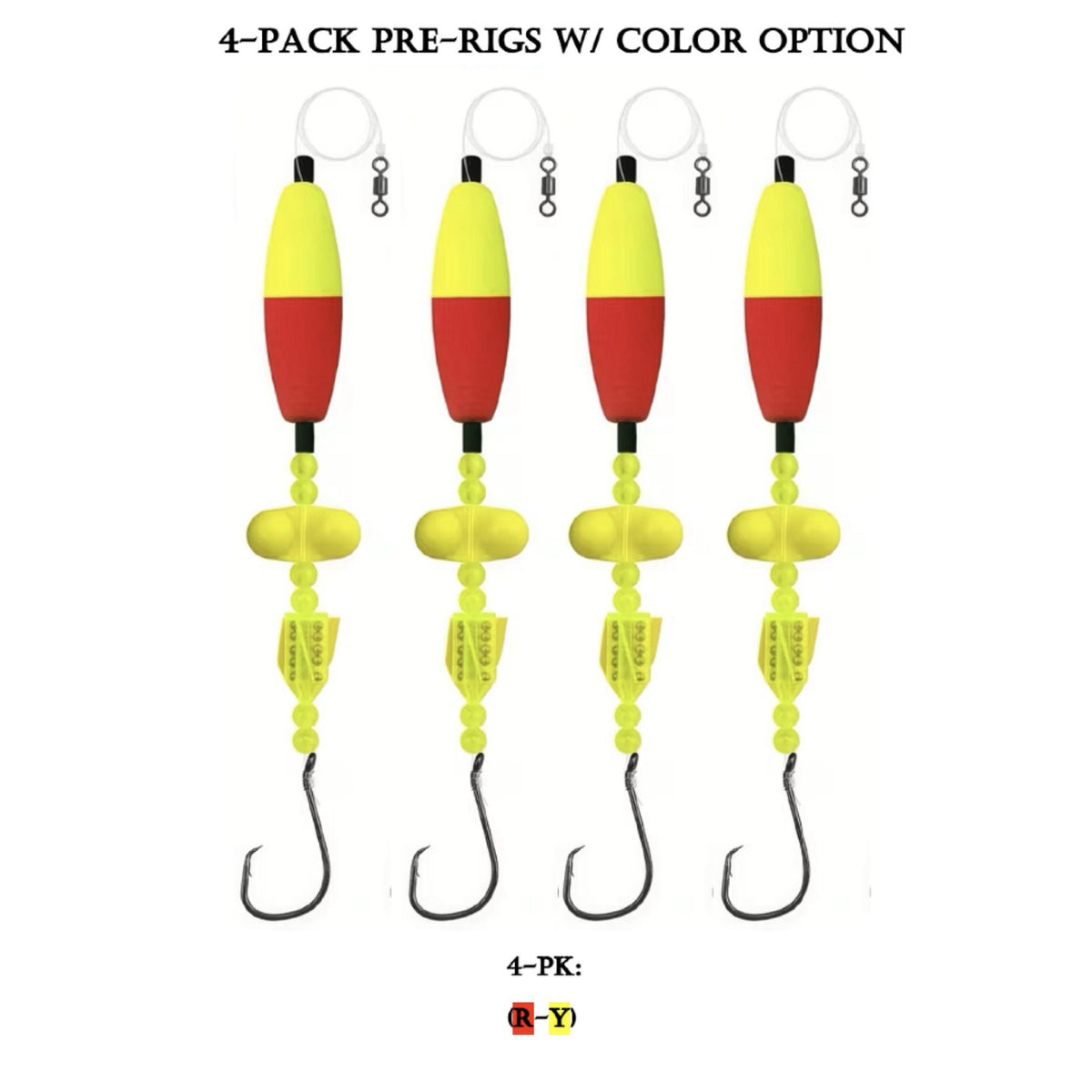Catfish Float Rigs 4-Pack - Pre-Rigged with Rattles, 3 in Float, 7/0 Circle Hook & 40 lb Mono - Choose Your Color