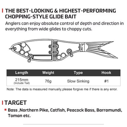 2-Section Glide Swimbait with Bonus 3pack of Alt. Color tails, Slow-Sinking, 8.5 in