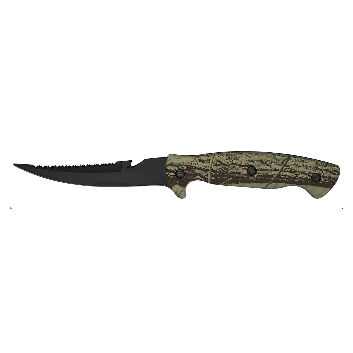 J Curtis Customs 5" Fillet Fishing Knife with Sheath - Camo Handle, 3Cr13 Stainless Non-Stick Blade, Serrated Back, Belt Loop Carry