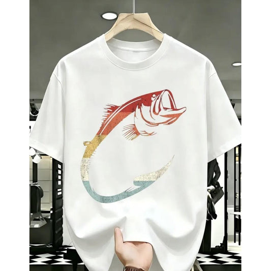 Men's Bass Fishing Hook Graphic T-Shirt - White Short Sleeve Crew Neck Retro Fisherman Tee, Gift for Anglers & Fishing Dads