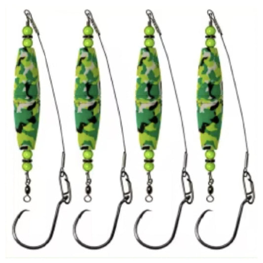 Catfish Float Rigs 4 Pack, Hand Assembled Santee Style Rig with 3 in Camo Float, Steel Wire Leader and 8/0 Carbon Steel Circle Hook, Ready to Fish