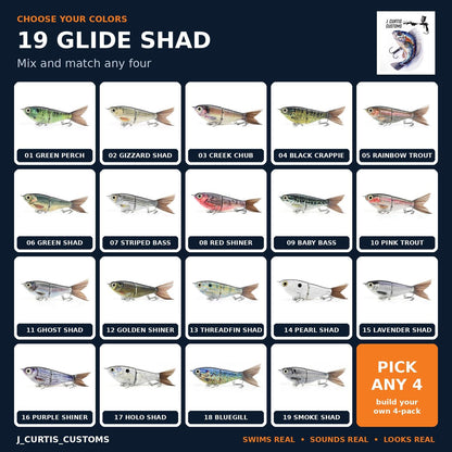 2-Section Glide Shad Jointed Hard Swimbait, Fiber Tail Glide Bait with Steel Rattle, 3D Eyes and Treble Hooks, Bass Pike Musky Fishing Lure, Mix and Match 4-Pack