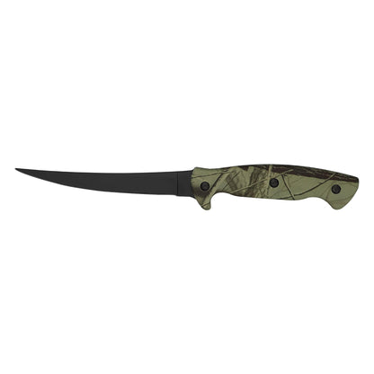 J Curtis Customs 6" Fillet Fishing Knife with Sheath - Camo Handle, 3Cr13 Stainless Non-Stick Curved Blade, Belt Loop Carry
