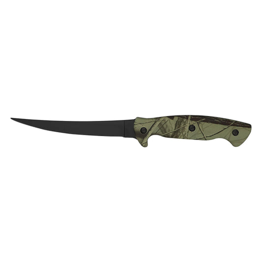 J Curtis Customs 6" Fillet Fishing Knife with Sheath - Camo Handle, 3Cr13 Stainless Non-Stick Curved Blade, Belt Loop Carry