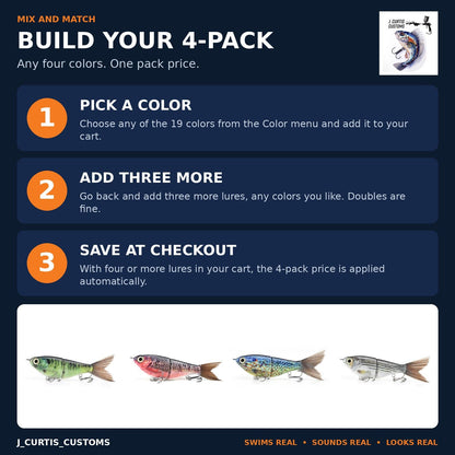 2-Section Glide Shad Jointed Hard Swimbait, Fiber Tail Glide Bait with Steel Rattle, 3D Eyes and Treble Hooks, Bass Pike Musky Fishing Lure, Mix and Match 4-Pack